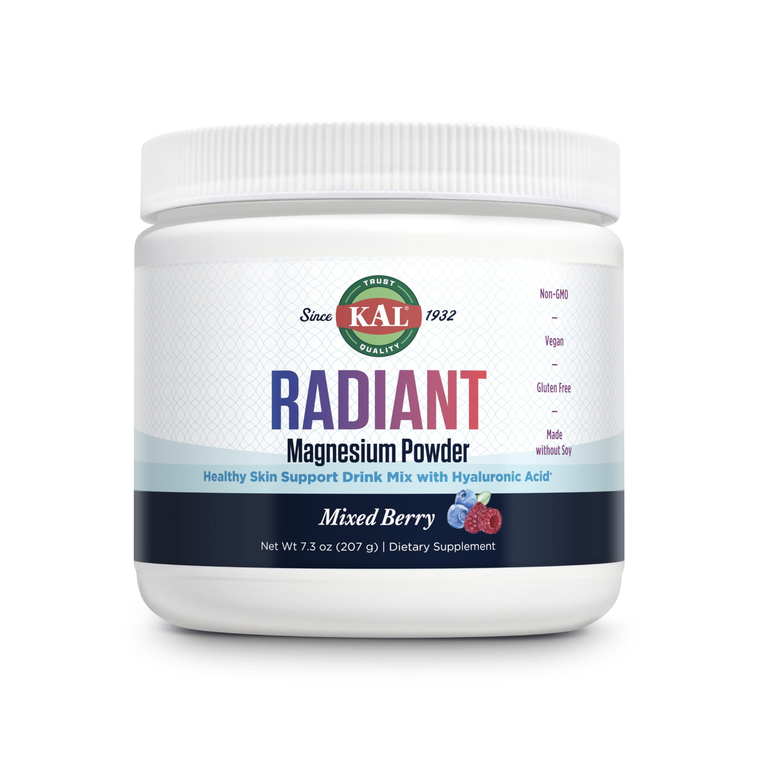 Kal Radiant Magnesium Powder tub with mixed berry formula highlighting skin elasticity benefits