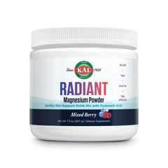 Kal Radiant Magnesium Powder tub with mixed berry formula highlighting skin elasticity benefits