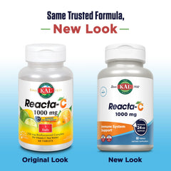 KAL Reacta-c bottle label close-up highlighting bioflavonoids and quick-dissolve technology.
