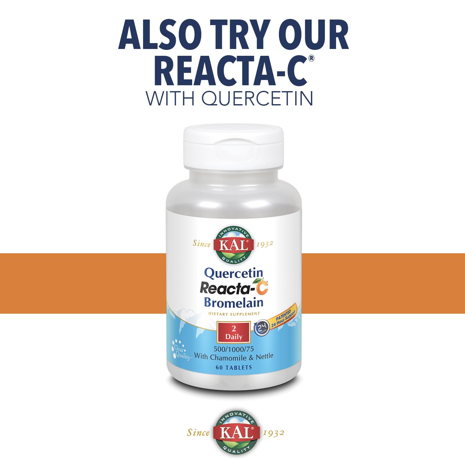 KAL Reacta-c packaging box displaying 60-count bottle for on-the-go use.