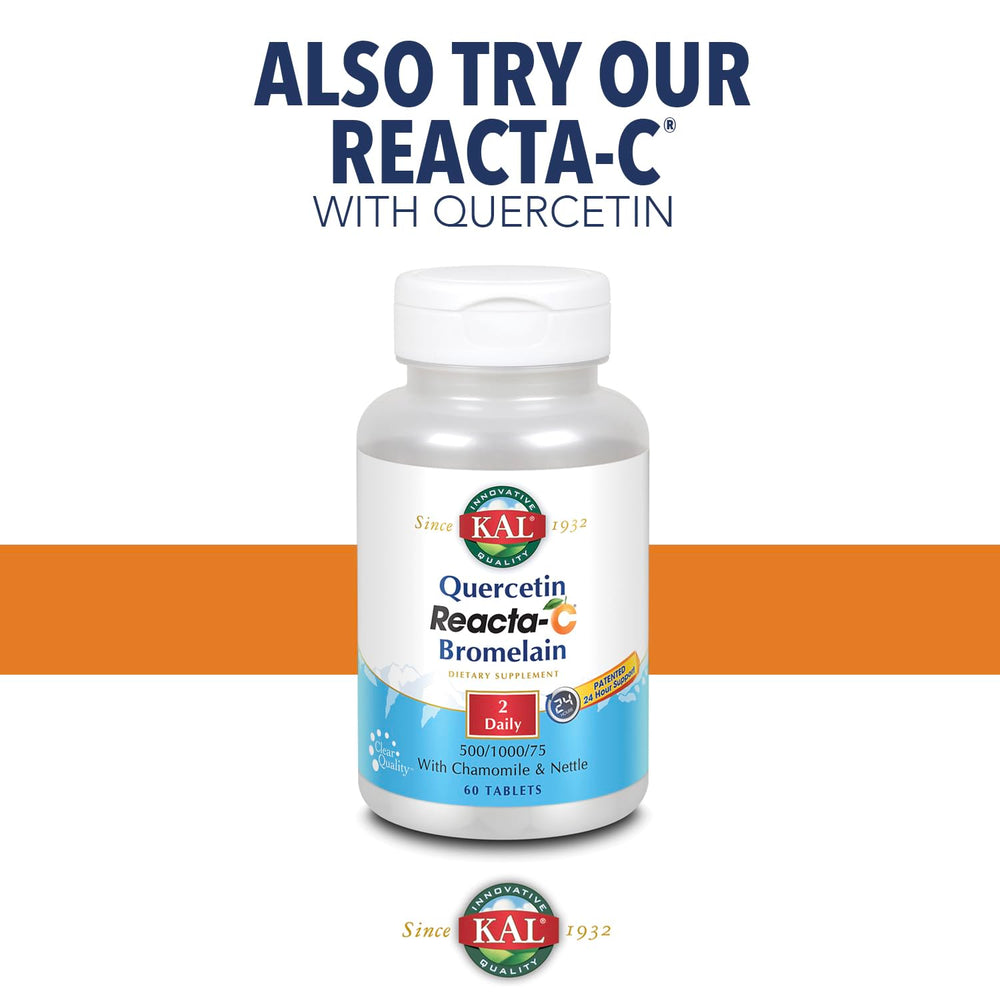 KAL Reacta-c packaging box displaying 60-count bottle for on-the-go use.