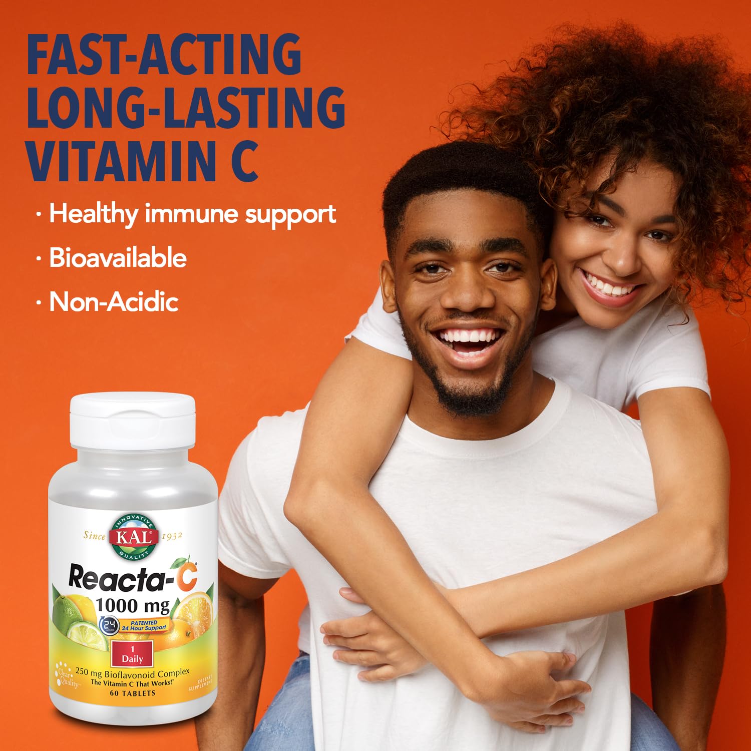 KAL Reacta-c tablets close-up illustrating easy-to-swallow form and steady vitamin C delivery.