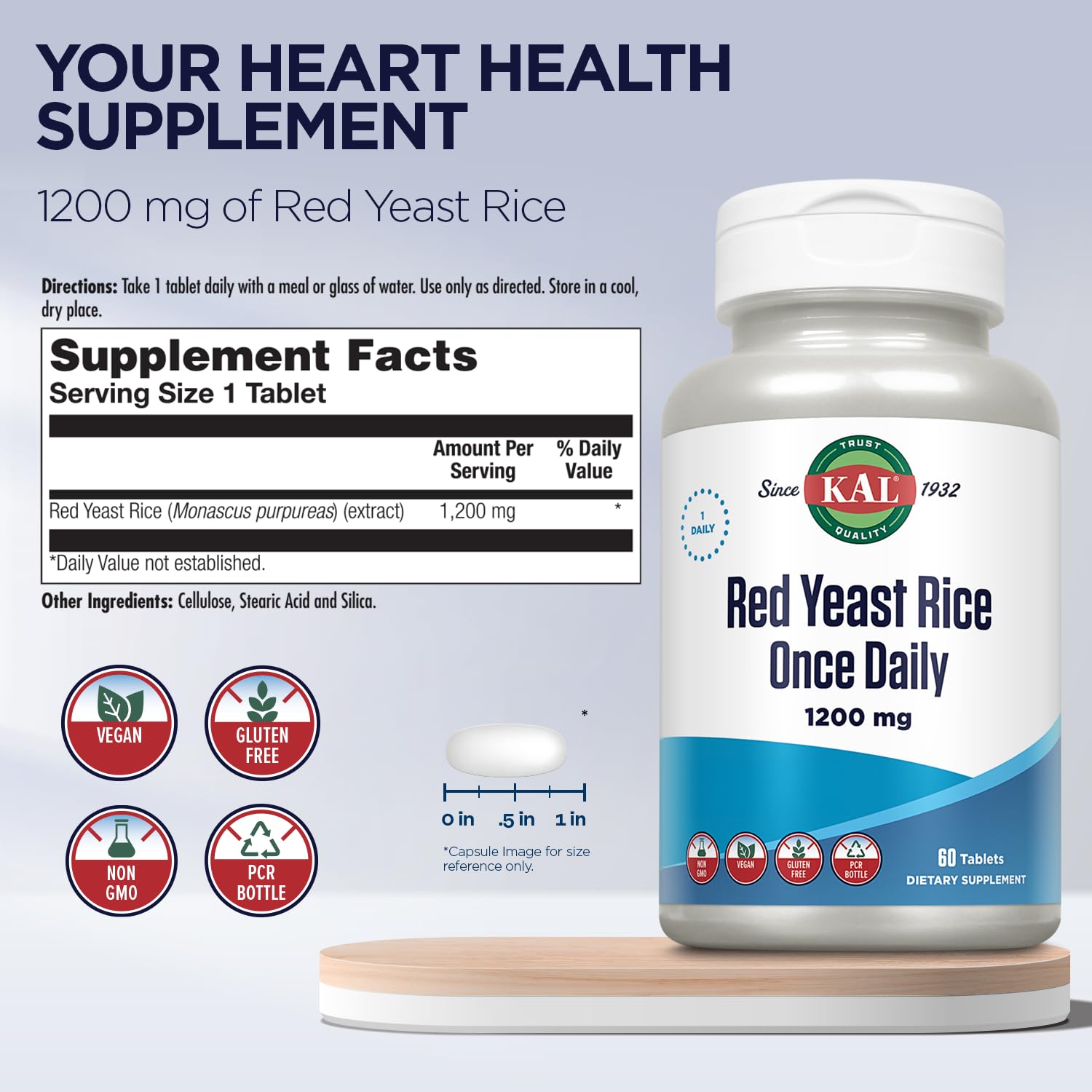 KAL Red Yeast Rice bottle close-up showing label and capsules.