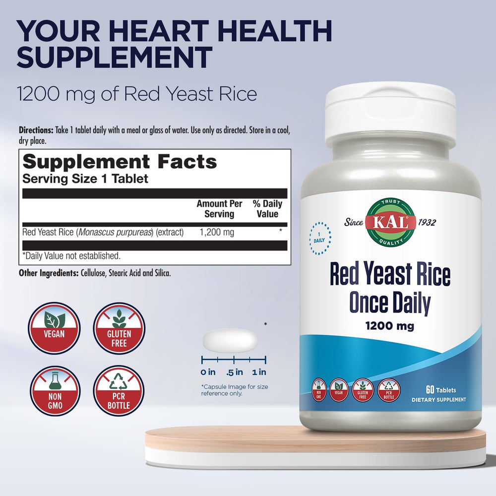 KAL Red Yeast Rice bottle close-up showing label and capsules.