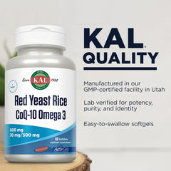 Kal Red Yeast Rice COQ10 Omega-3 ingredients graphic emphasizes omega-3 from fish oil