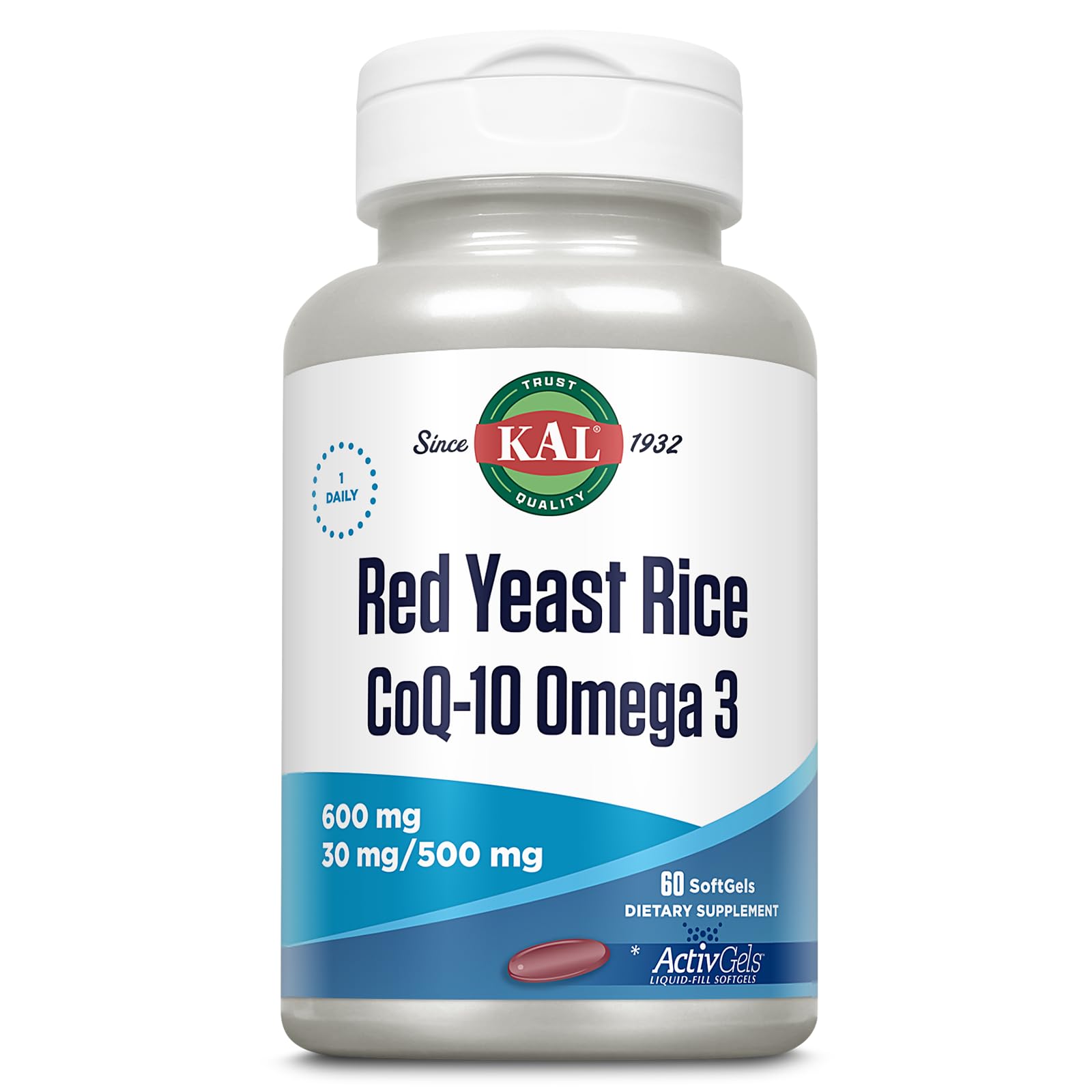 Kal Red Yeast Rice COQ10 Omega-3 softgels bottle front for daily wellness