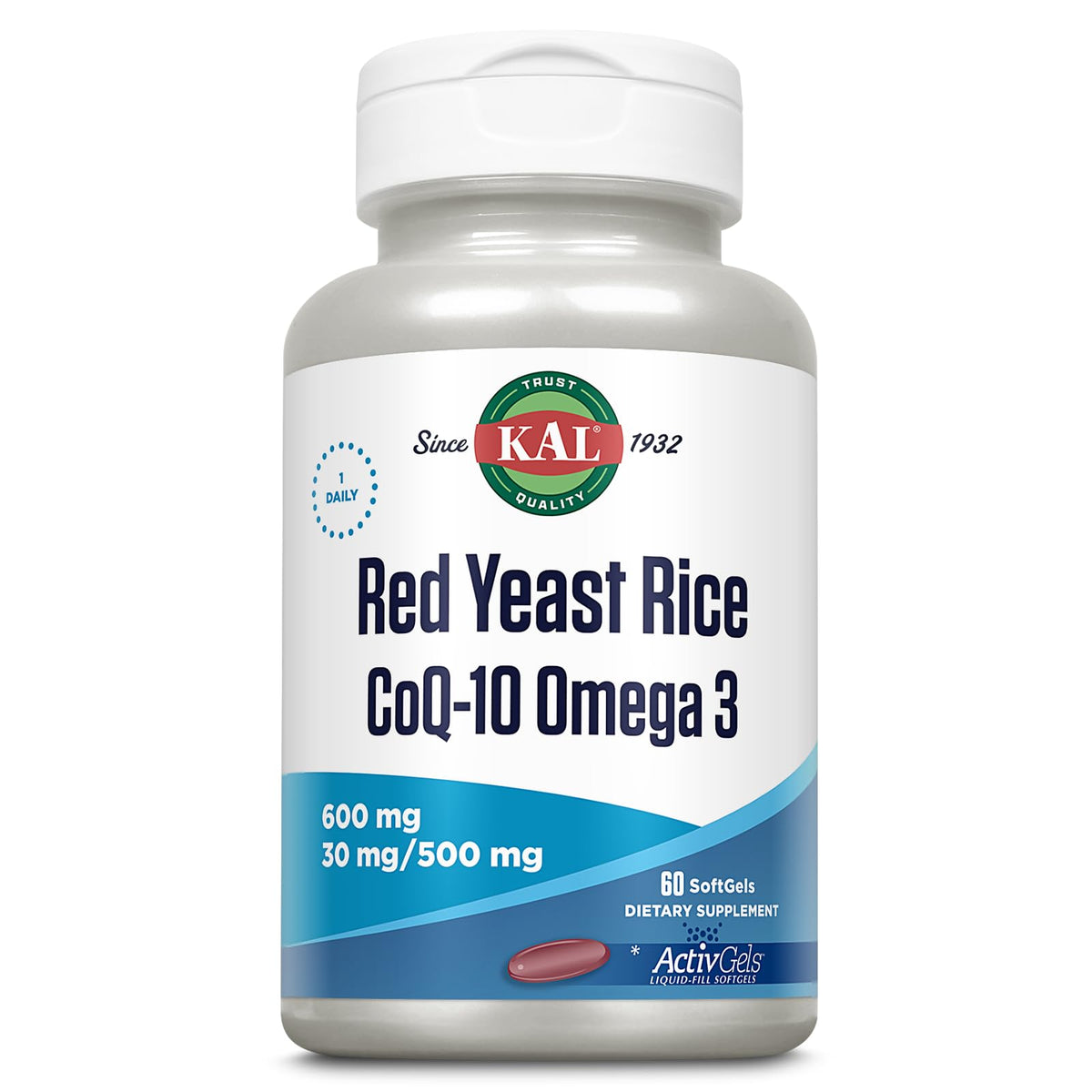 Kal Red Yeast Rice COQ10 Omega-3 softgels bottle front for daily wellness