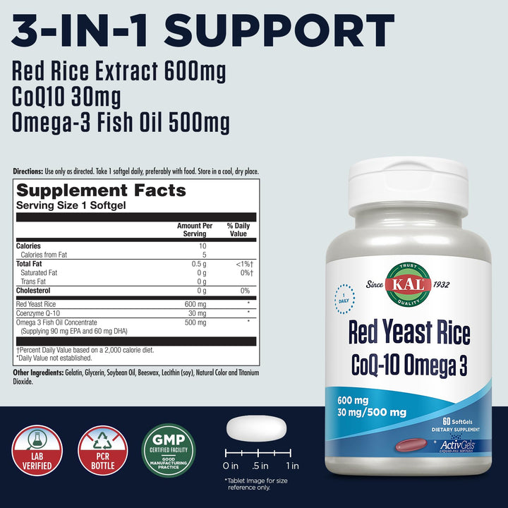 Kal Red Yeast Rice COQ10 Omega-3 softgels label showing ingredients and serving size