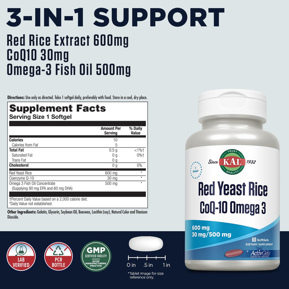 Kal Red Yeast Rice COQ10 Omega-3 softgels label showing ingredients and serving size