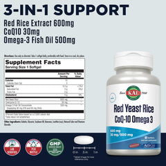 Kal Red Yeast Rice COQ10 Omega-3 softgels label showing ingredients and serving size