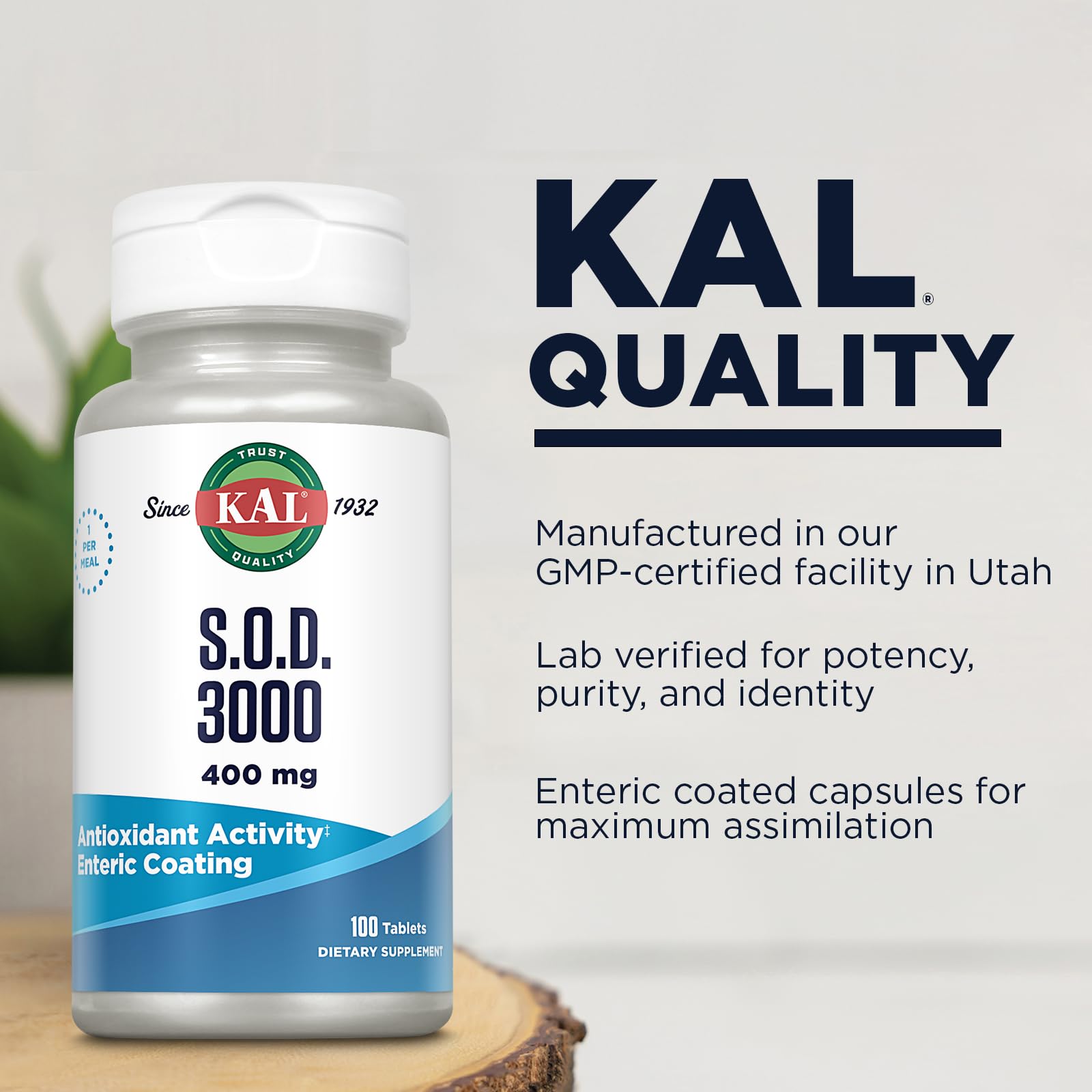 KAL S.O.D. 3000 bottle indicating 100 servings for convenient supply