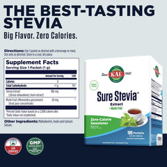 KAL Sure Stevia Plus Monkfruit packet closeup highlights flavorful, sugar-free sweetness.