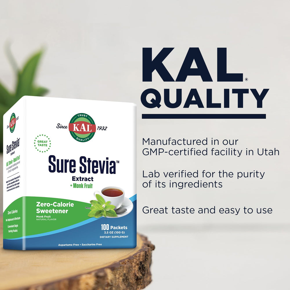 KAL Sure Stevia Plus Monkfruit packets stacked for on-the-go sweetness.