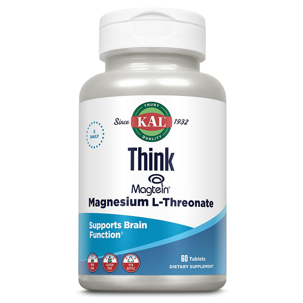 KAL Think Magnesium L-Threonate bottle closeup highlights brain health potential.