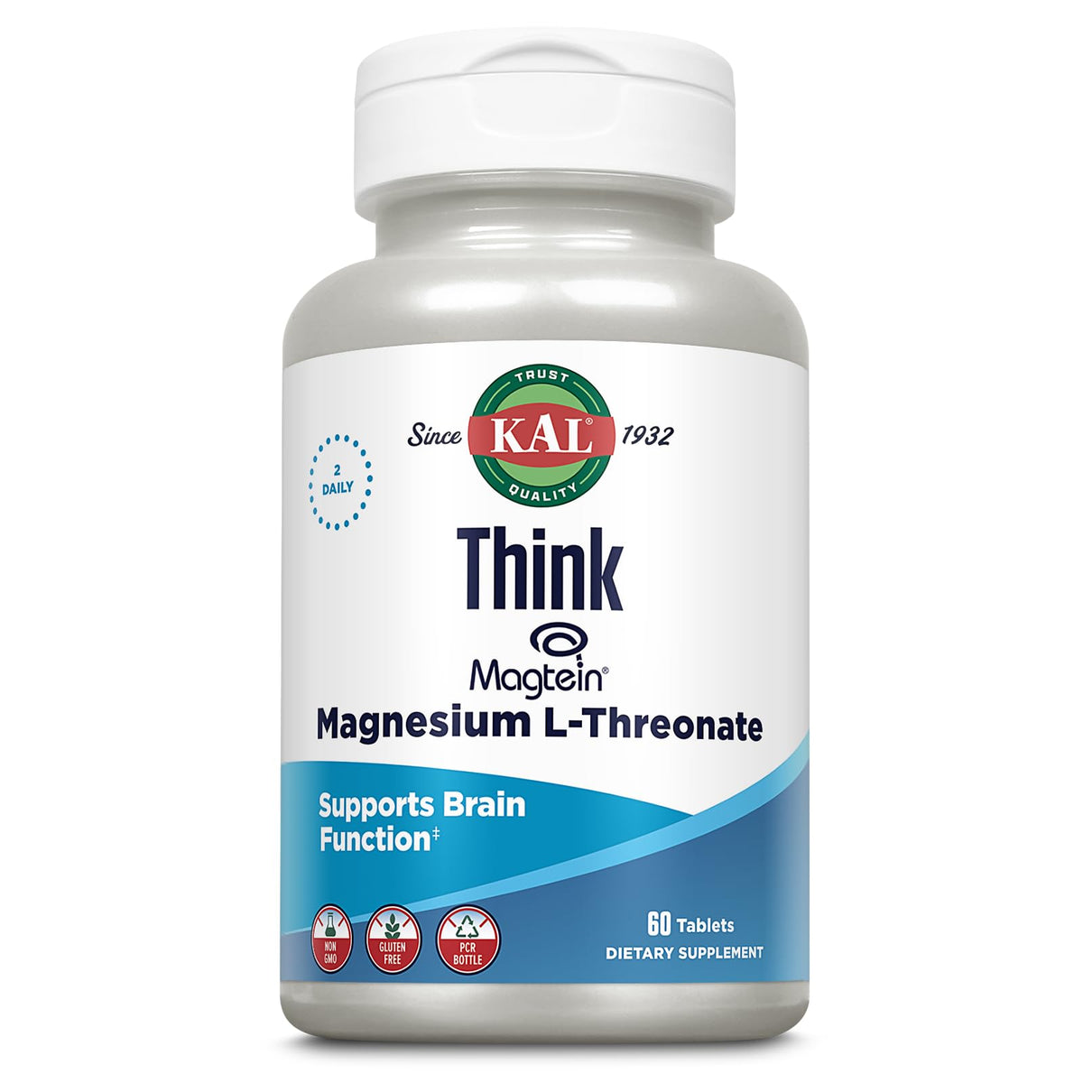 KAL Think Magnesium L-Threonate bottle closeup highlights brain health potential.