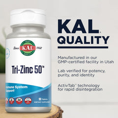KAL Tri Zinc 50mg ingredient panel showing zinc sources for metabolism support