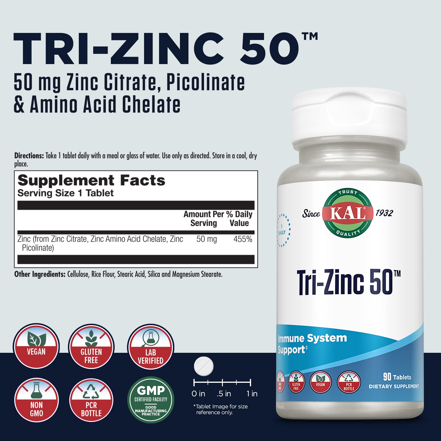 Close-up of KAL Tri Zinc 50mg tablets highlighting zinc form and potency