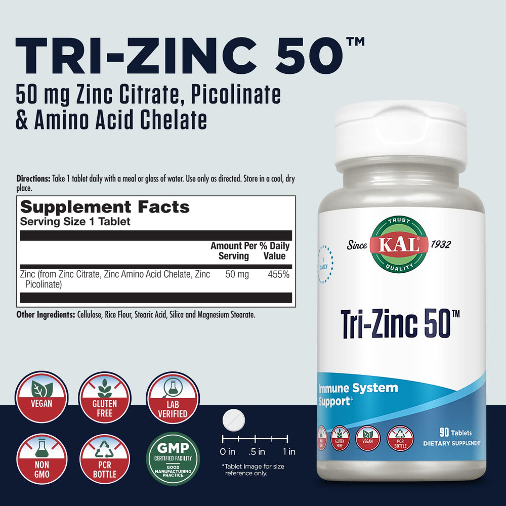 Close-up of KAL Tri Zinc 50mg tablets highlighting zinc form and potency