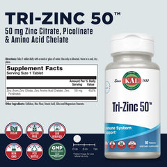 Close-up of KAL Tri Zinc 50mg tablets highlighting zinc form and potency