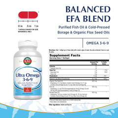 KAL Ultra Omega 3-6-9 softgels on a white background emphasizing purity.