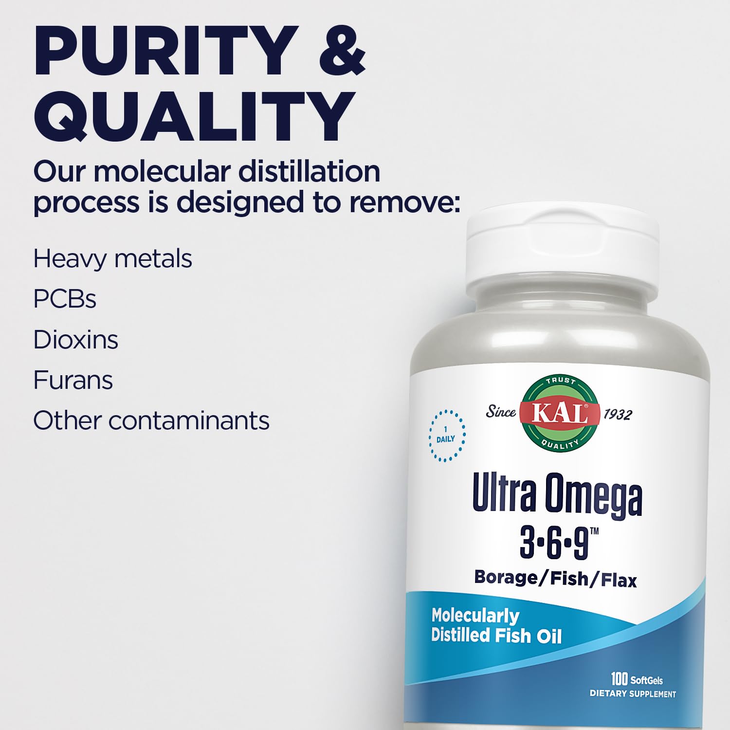 KAL Ultra Omega 3-6-9 bottle label emphasizes purity and freshness
