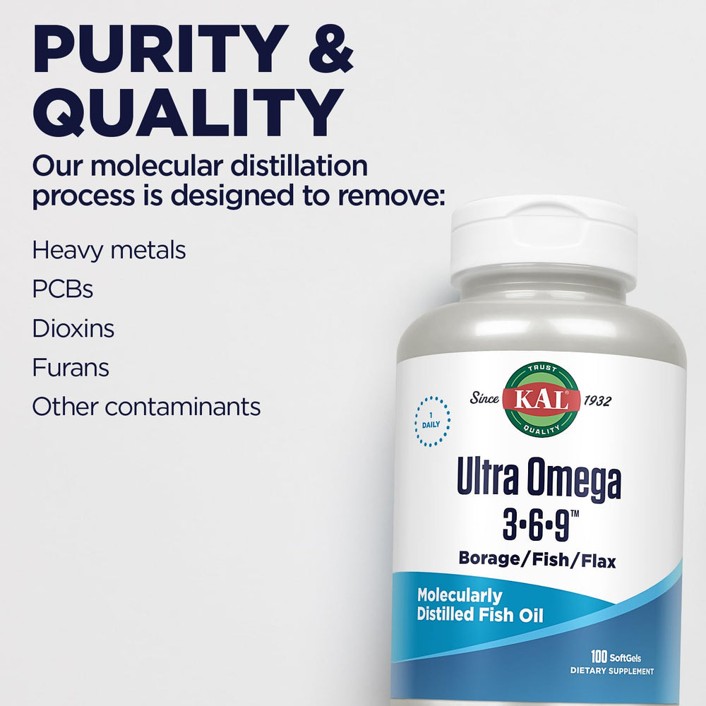 KAL Ultra Omega 3-6-9 bottle label emphasizes purity and freshness