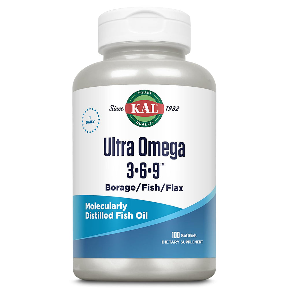 KAL Ultra Omega 3-6-9 bottle front with softgels, supporting skin and heart