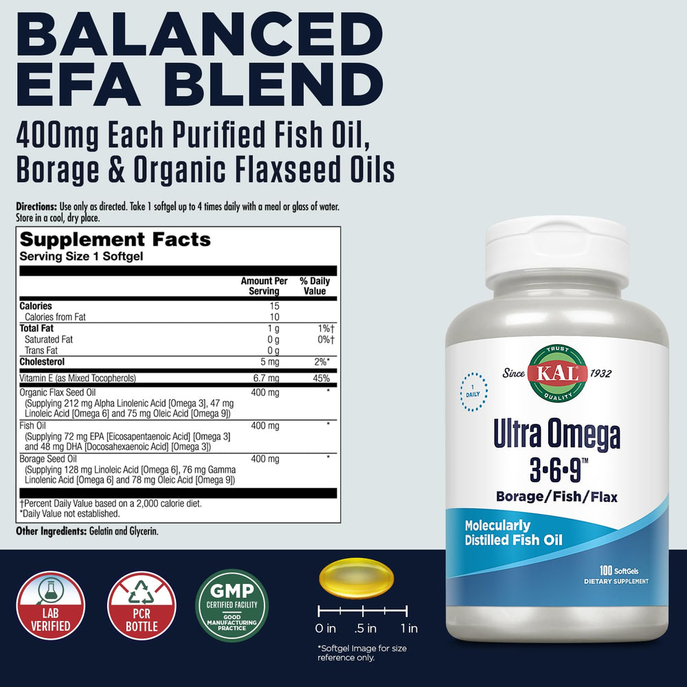 KAL Ultra Omega 3-6-9 softgels being poured for daily use