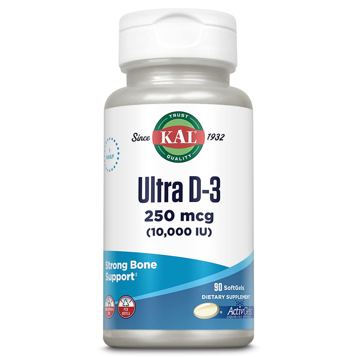 KAL Ultra Vitamin D3 bottle with label highlighting 10,000 IU for bone support.