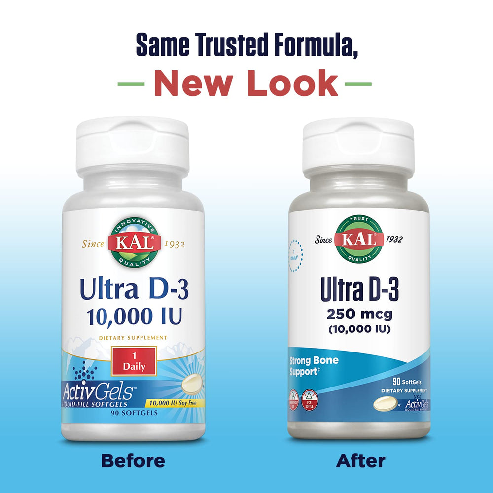 KAL Ultra Vitamin D3 ActivGel softgels pouring from bottle for easy daily use.