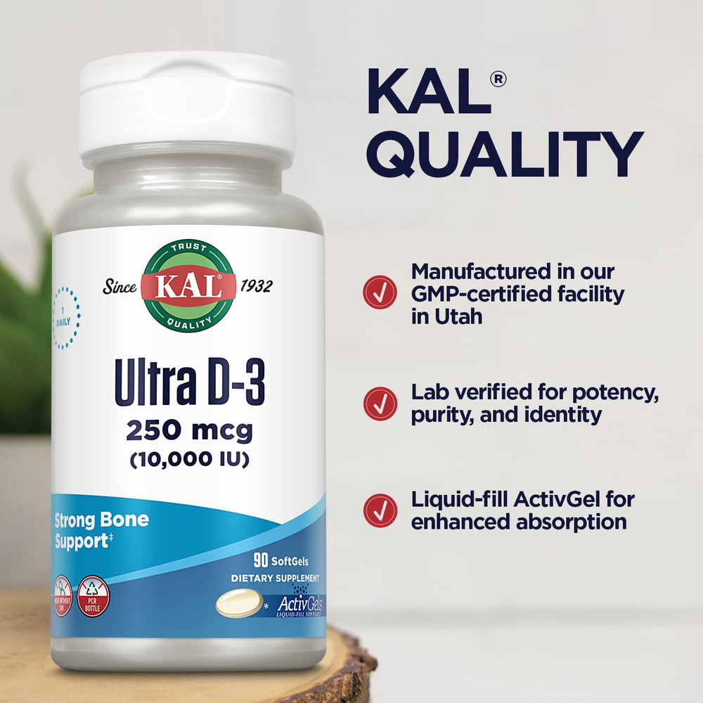 KAL Ultra Vitamin D3 capsule close-up emphasizes ActivGel delivery and clean ingredients.