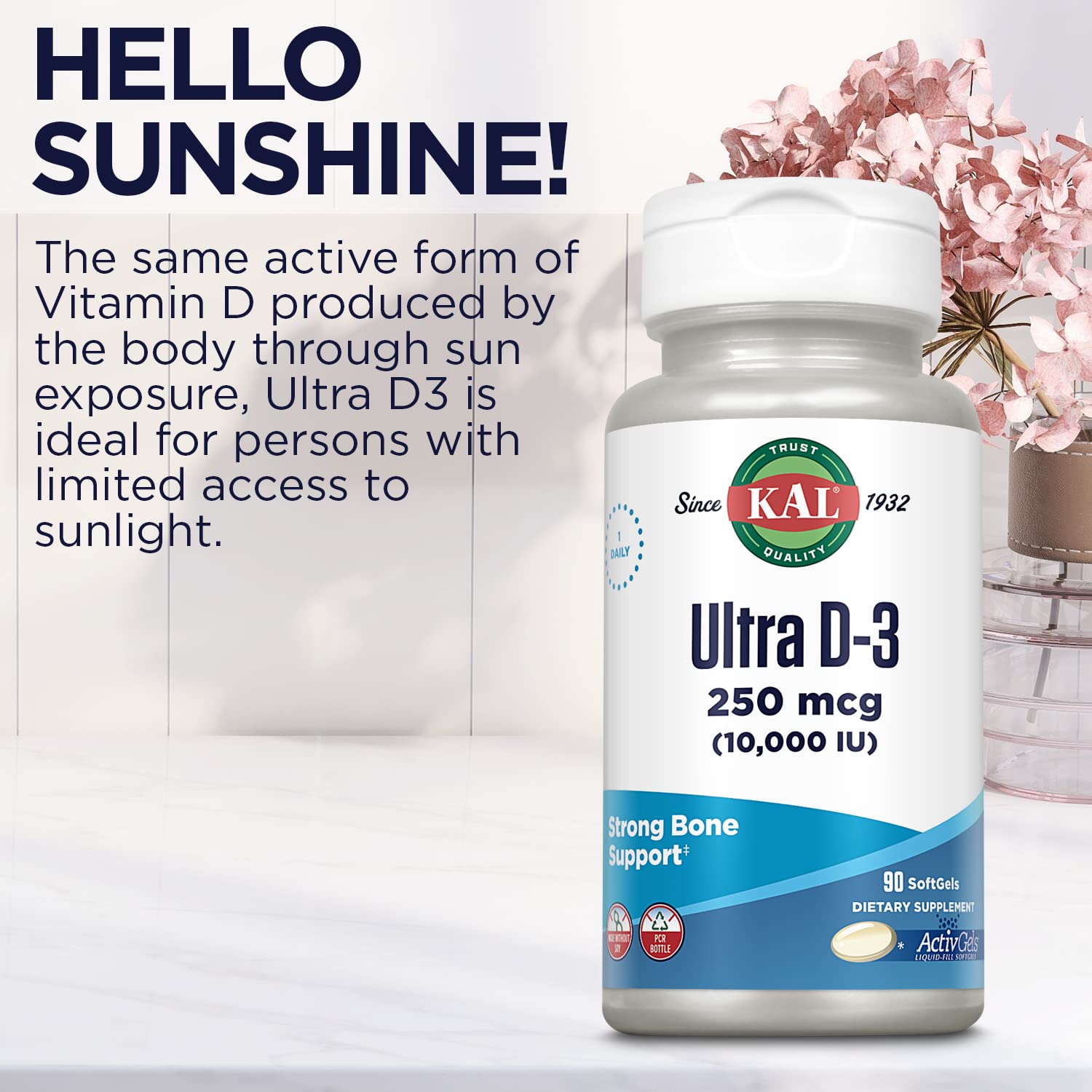 KAL Ultra Vitamin D3 on shelf shows 90 softgels per bottle.
