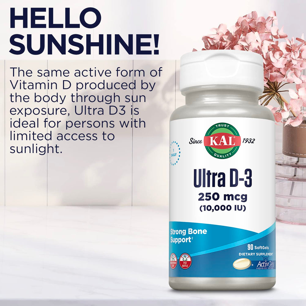 KAL Ultra Vitamin D3 on shelf shows 90 softgels per bottle.