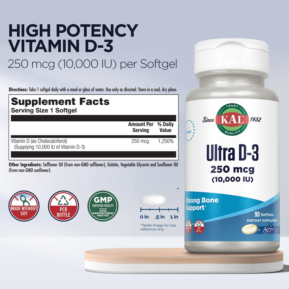 KAL Ultra Vitamin D3 softgels close-up shows liquid-filled design for smooth swallowing.