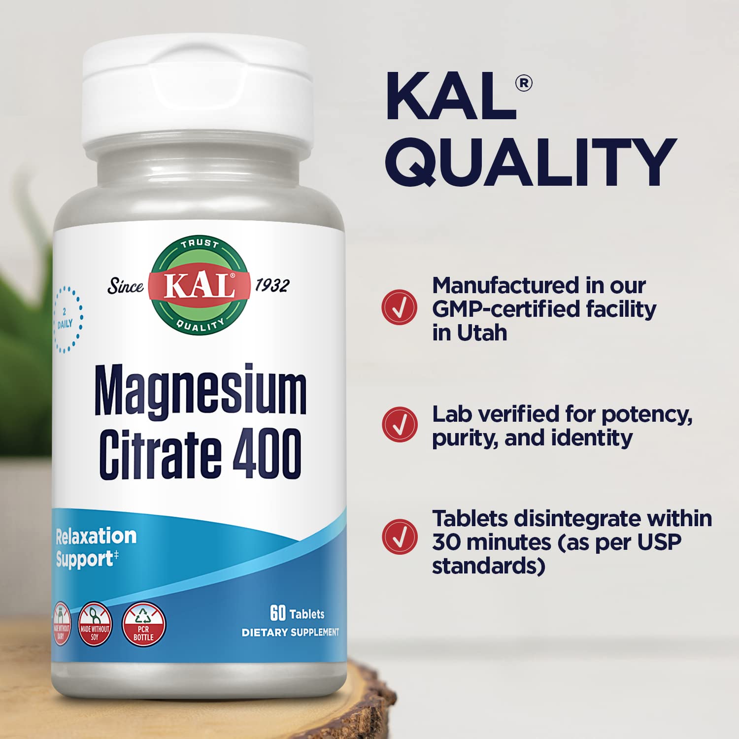 KAL vegan gluten-free bottle highlights non-GMO and dairy-free attributes.