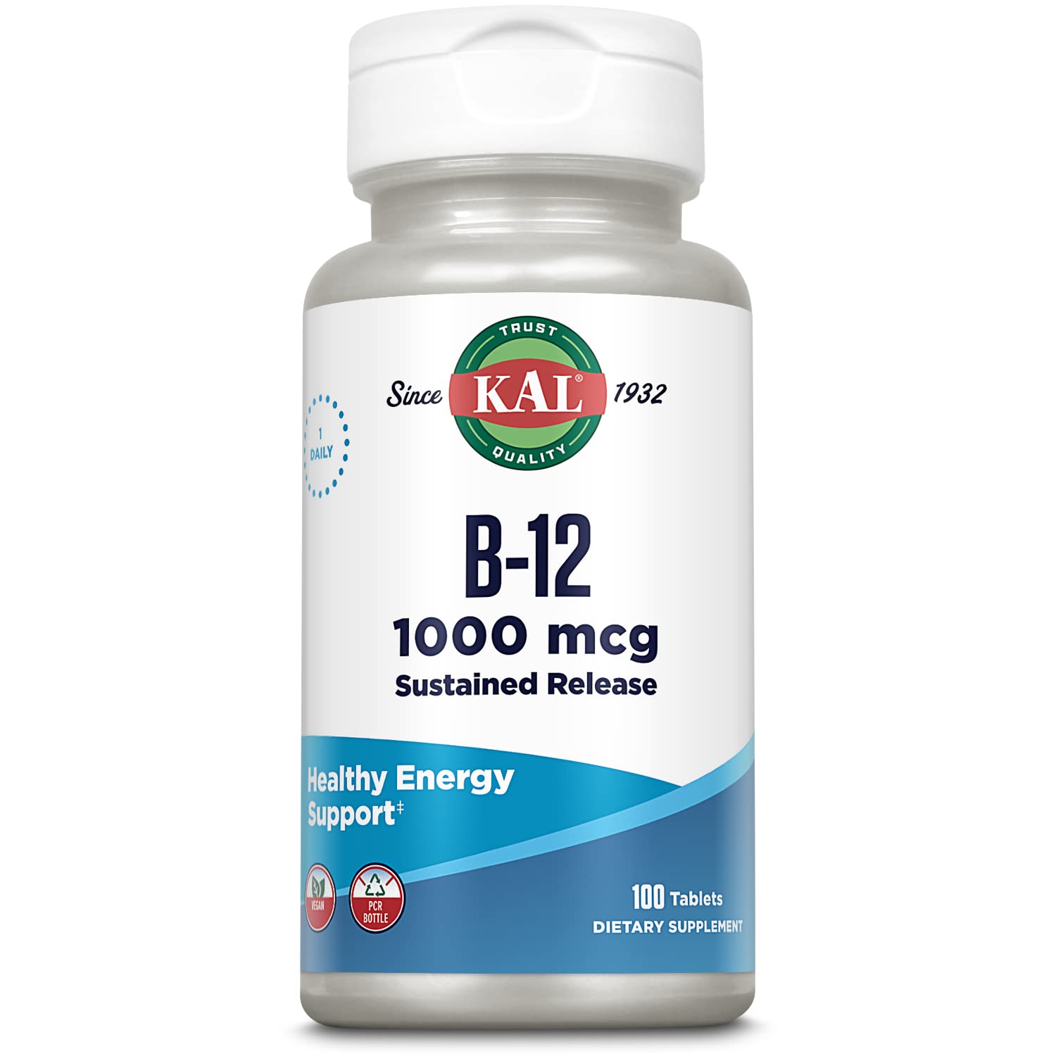 KAL Vitamin B12 1000mcg sustained-release bottle for long-lasting energy support.