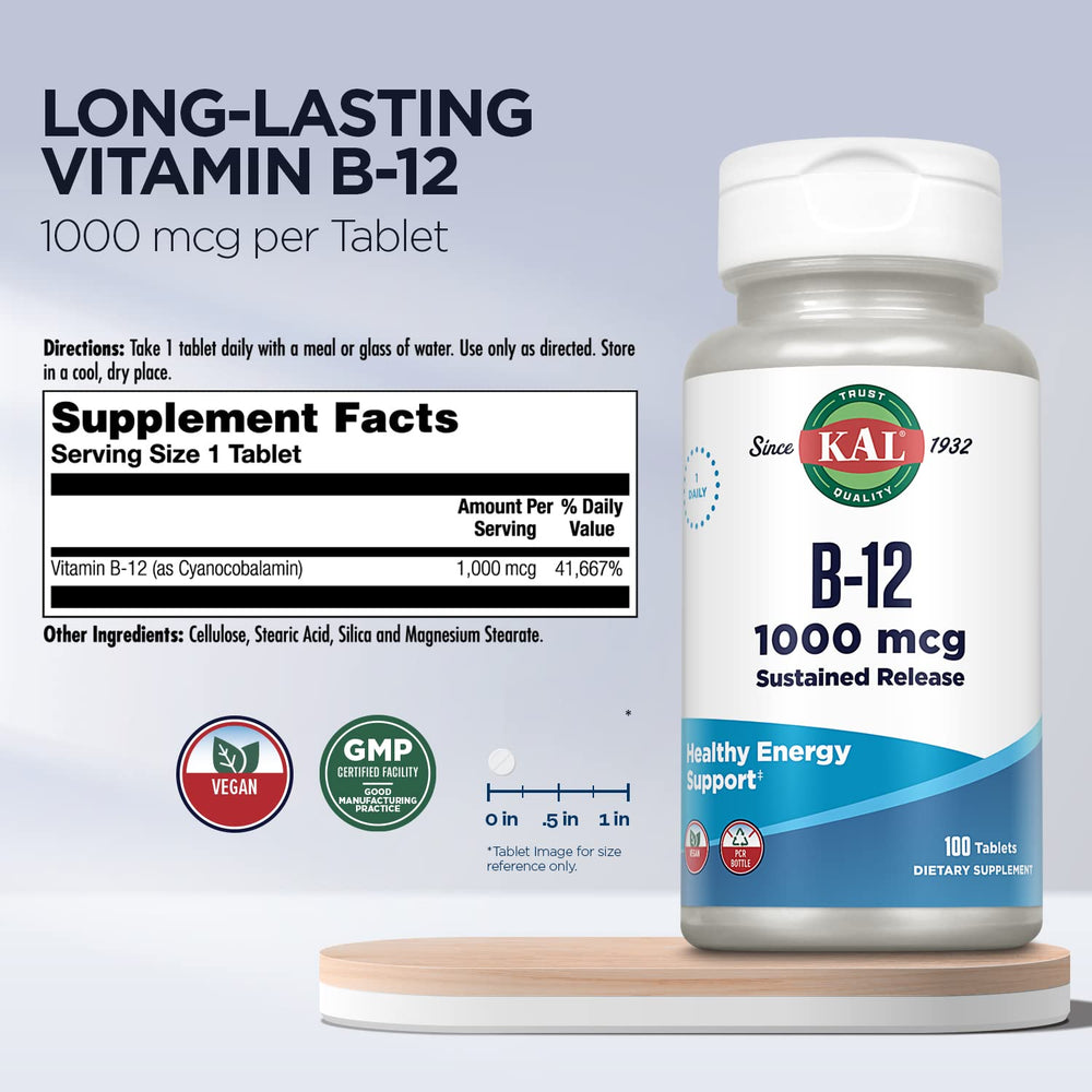 KAL Vitamin B12 tablet closeup highlighting compact daily dose for consistent metabolism.