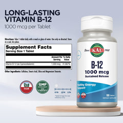 KAL Vitamin B12 tablet closeup highlighting compact daily dose for consistent metabolism.