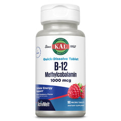 KAL Vitamin B12 ActivMelt raspberry bottle showing easy-to-use micro tabs for energy support.