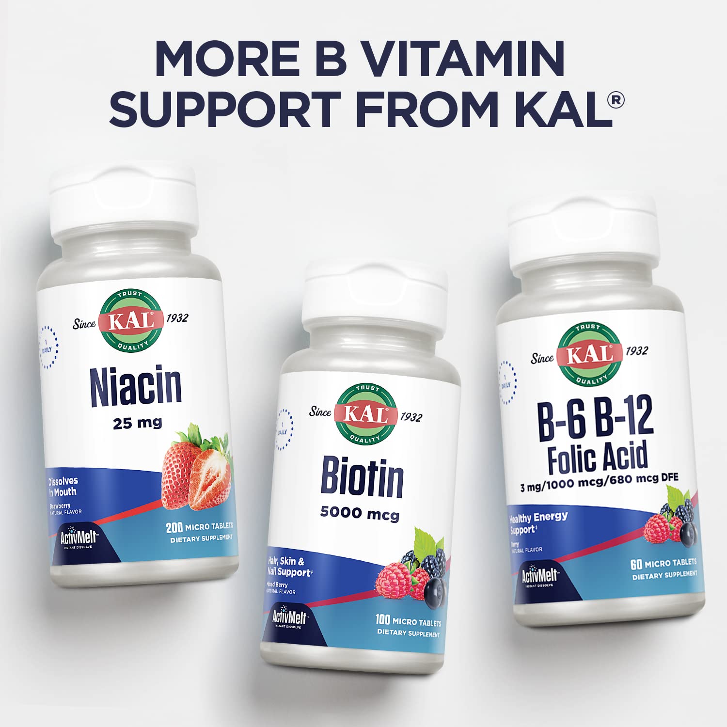 KAL Vitamin B12 red blood cell production support in supplement packaging photo.