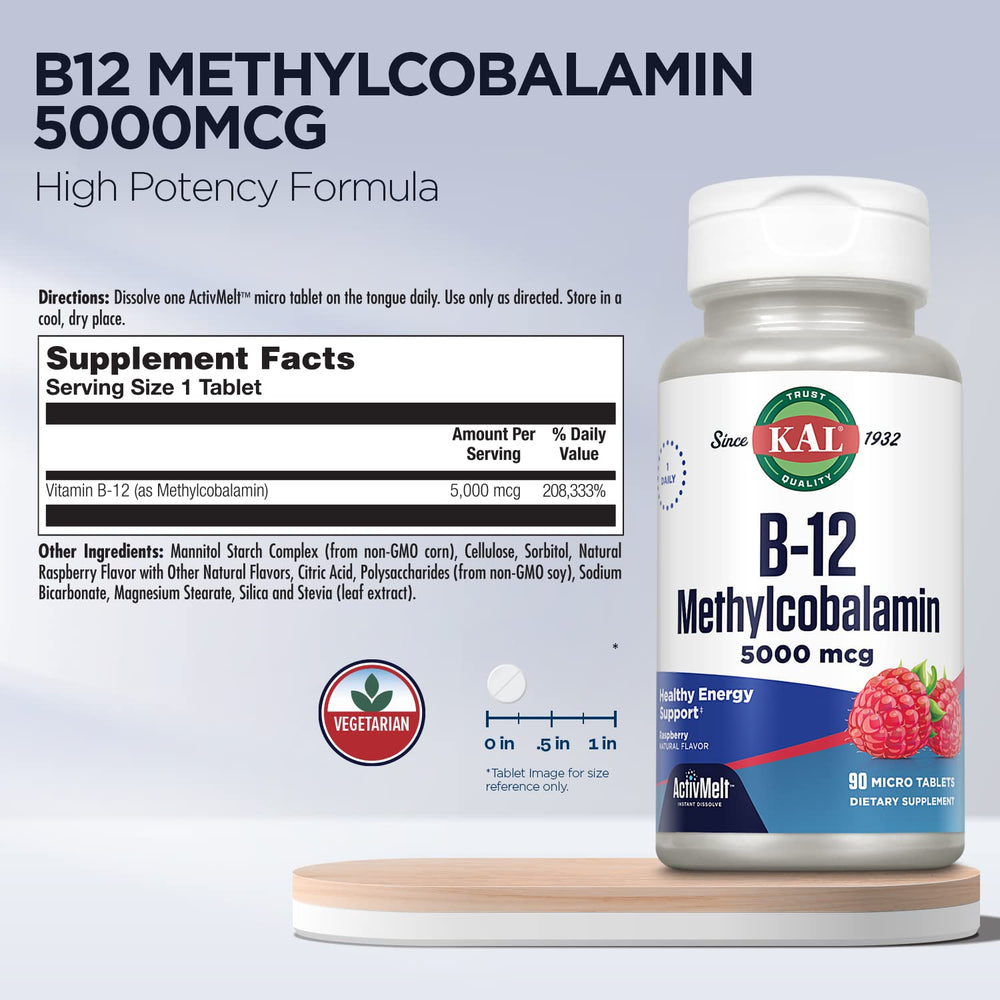 KAL vegetarian B12 bottle label highlights methylcobalamin for vegetarian use.