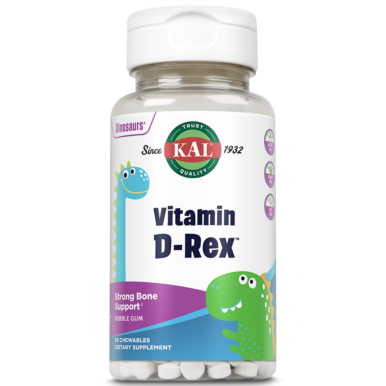 KAL Vitamin D-Rex bubble gum chewables for kids with bubblegum flavor and bone support