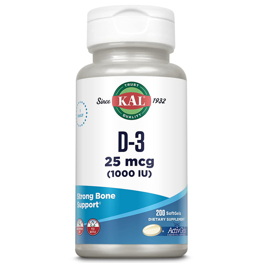 KAL Vitamin D3 ActivGel bottle with softgels supports bone health.