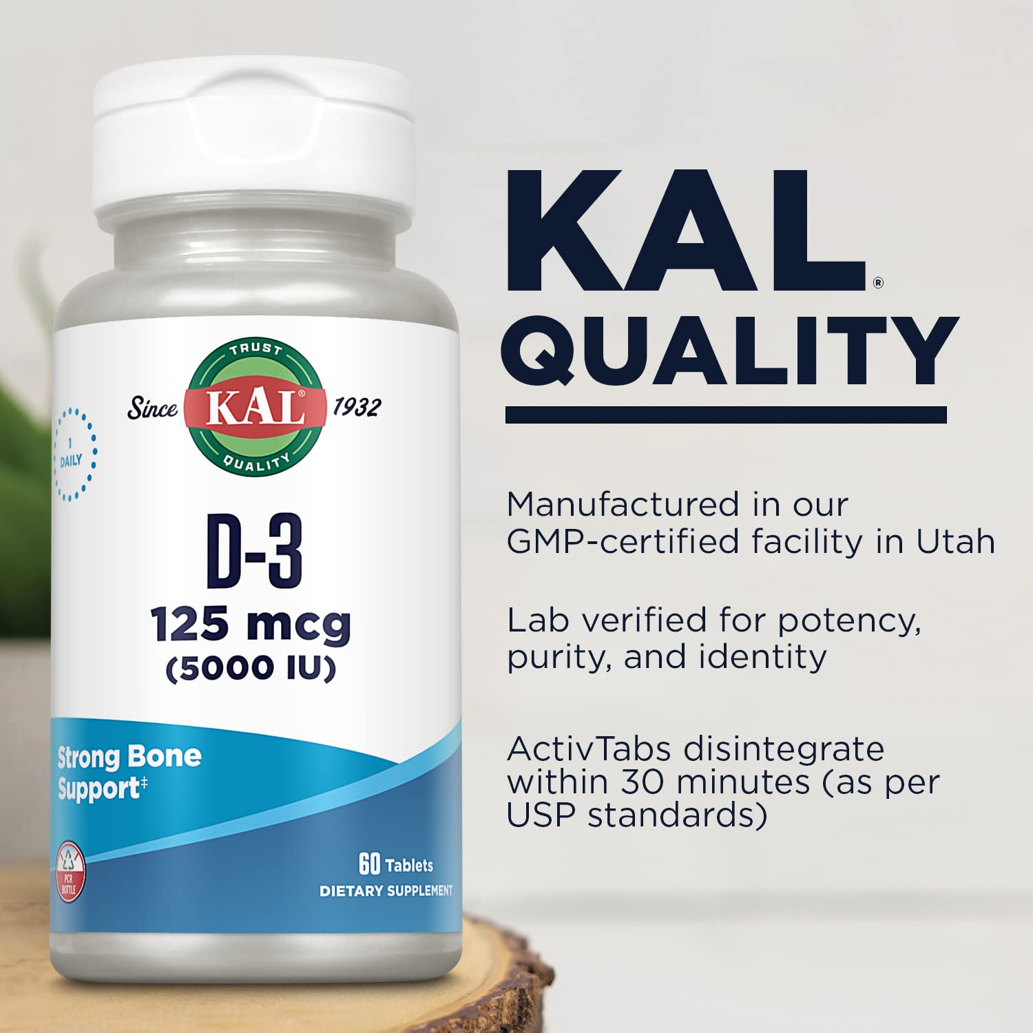 KAL Vitamin D3 bone health tablets highlighting calcium absorption support.