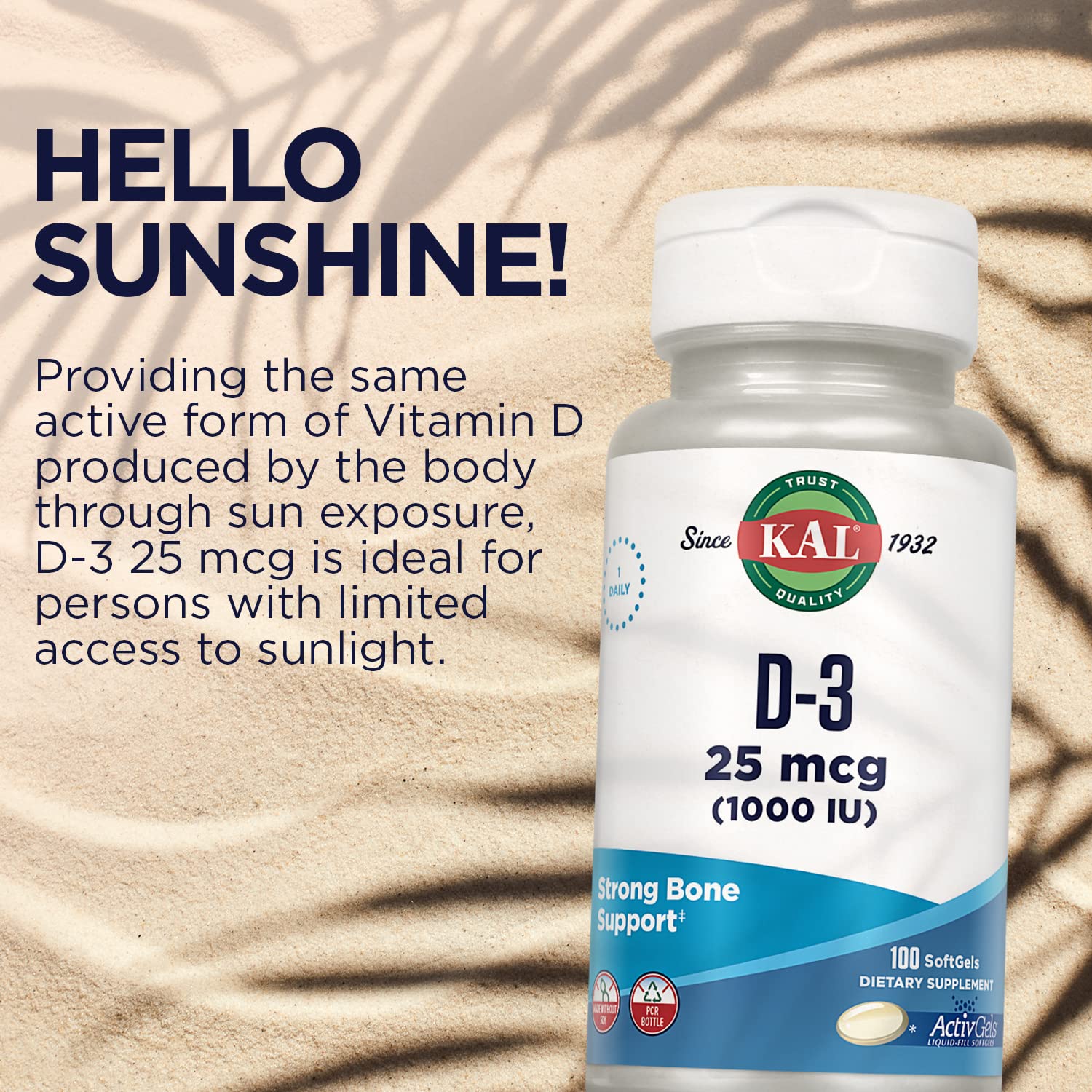 Front packaging of KAL Vitamin D3 for shoppers.