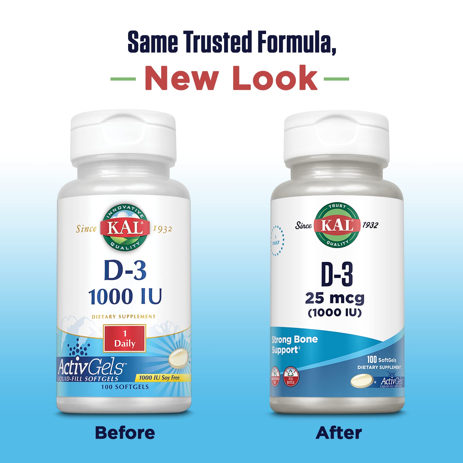 Closeup of KAL Vitamin D3 softgels for easy swallowing.