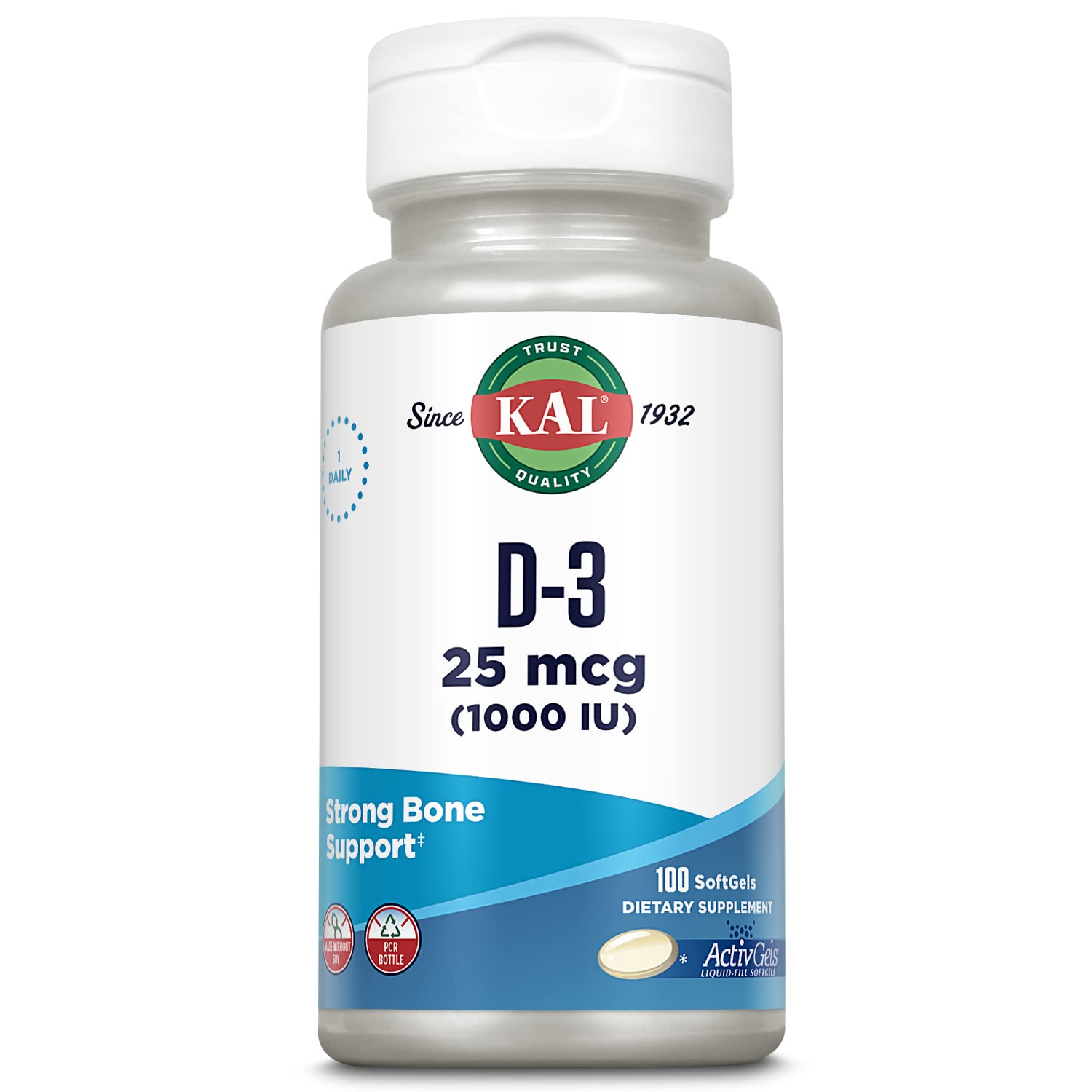 KAL Vitamin D3 softgels bottle for daily bone health support.