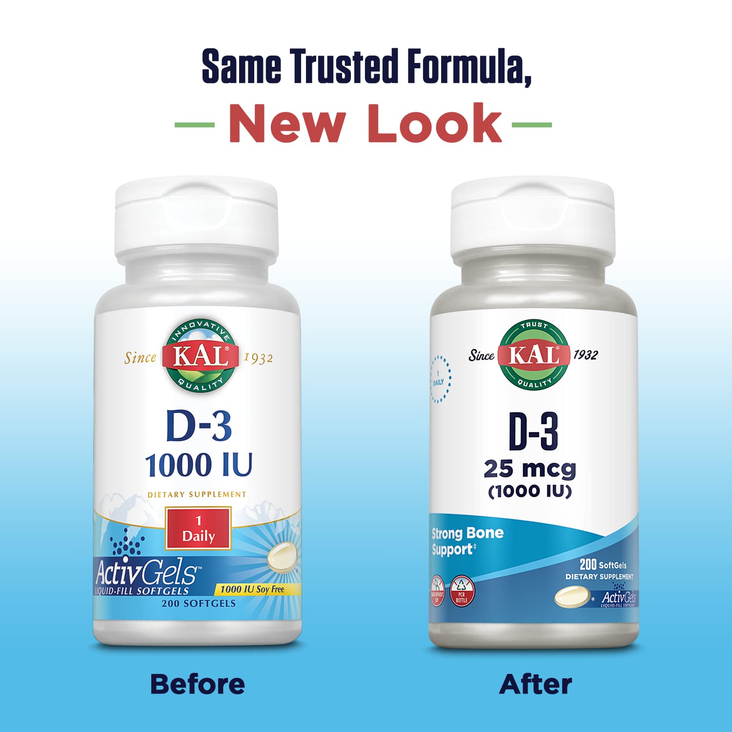 KAL Vitamin D3 softgels poured, showcasing easy to swallow design.