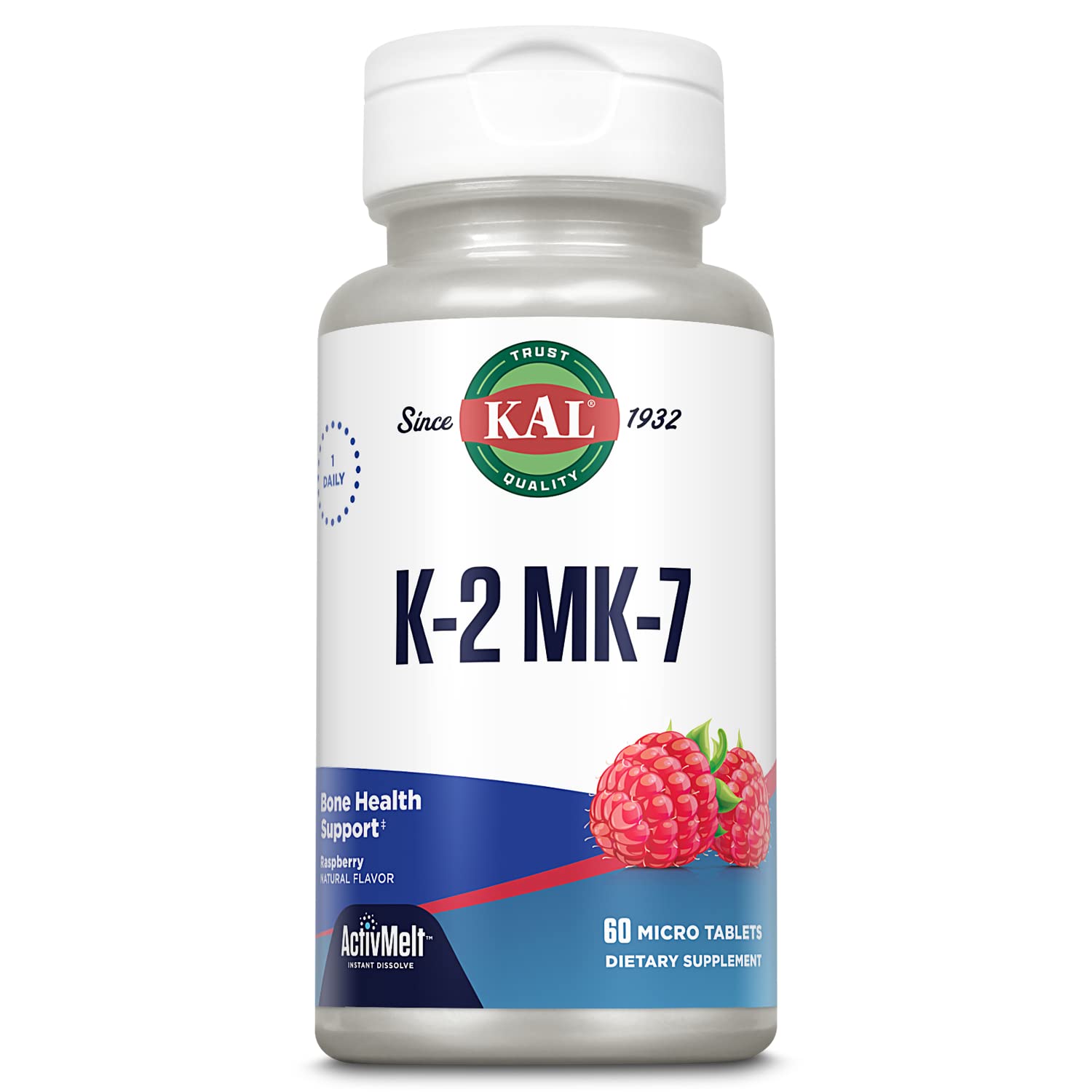 KAL Vitamin K2 MK7 ActivMelt bottle emphasizes compact design for daily use.