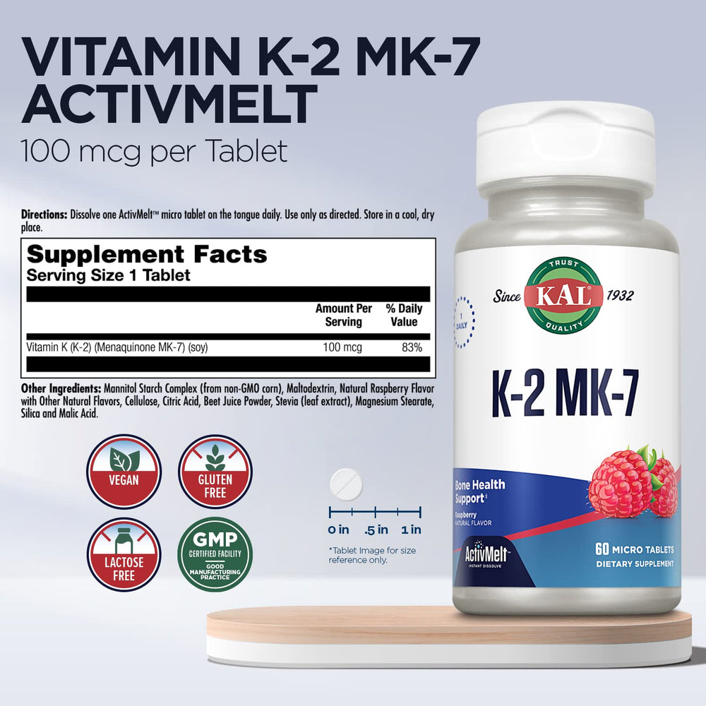 KAL Vitamin K2 MK7 ActivMelt tablets dissolving for quick, convenient intake.